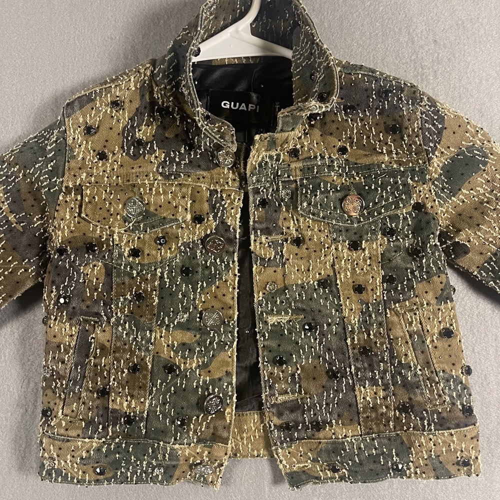 GUAPI Kids 3T Camo Distressed Rhinestone Crystal Denim Jacket Embellished - Picture 2 of 16
